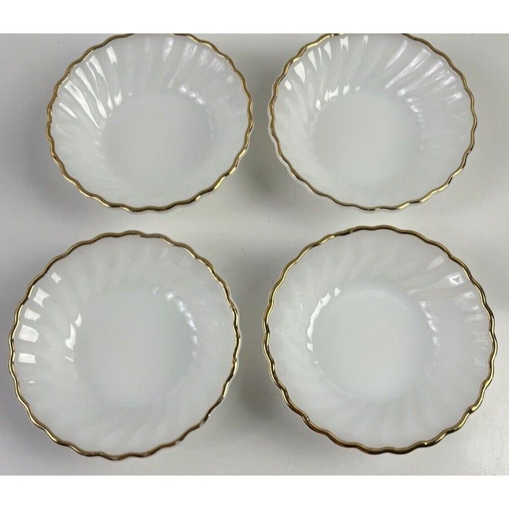 Anchor Hocking White Milk Glass Swirl Berry Dessert Bowls Gold Rim Set of 4